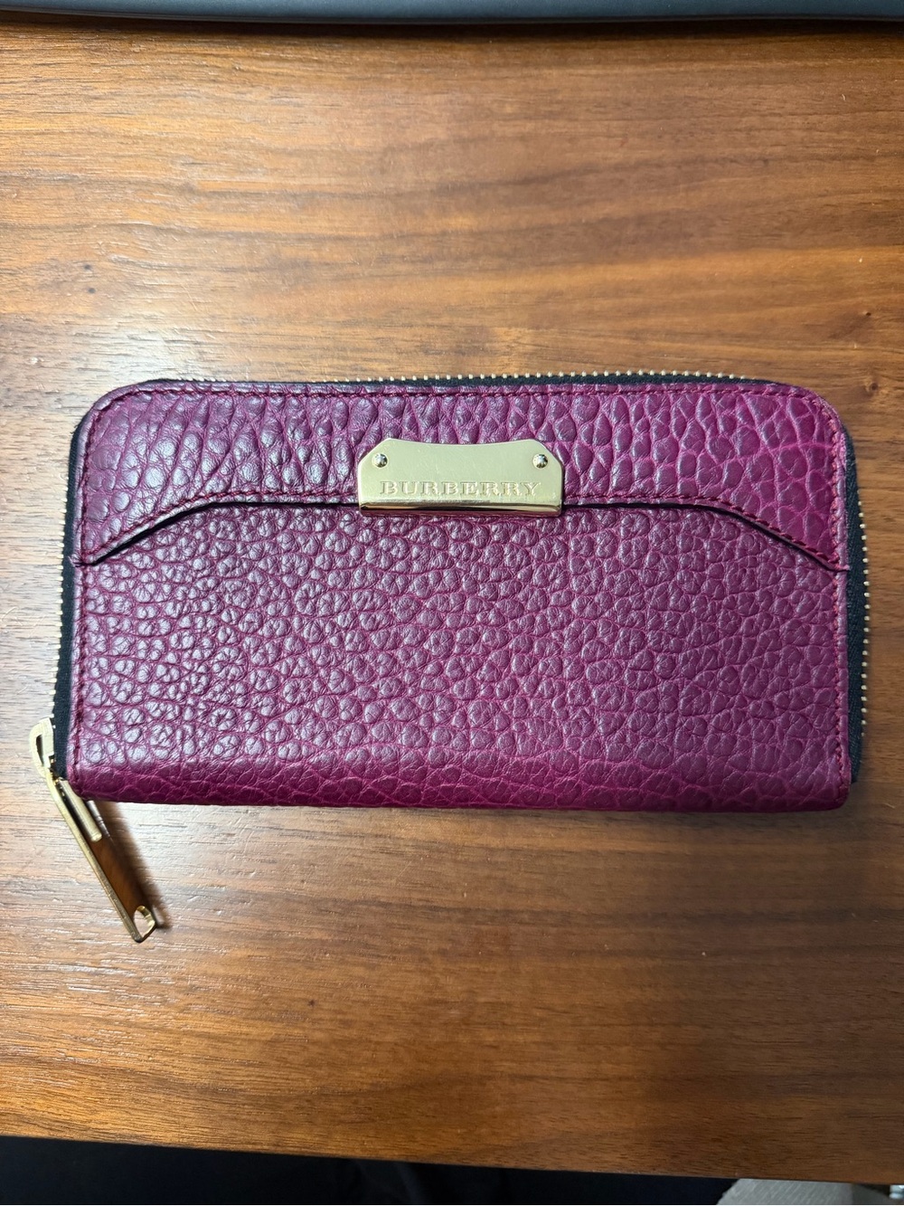 Burberry Pebbled Leather Zip Wallet in Berry Plum with Gold Hardware